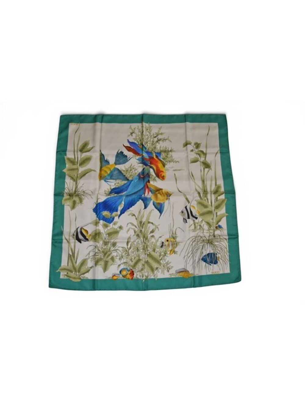 Gucci Scarf Vintage Silk Tropical Fish Motif Green White